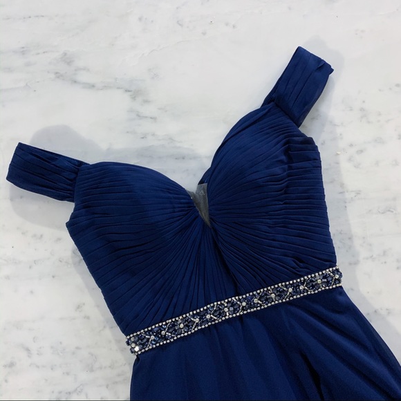 Blue Off Shoulder Prom Dress - Picture 2 of 8